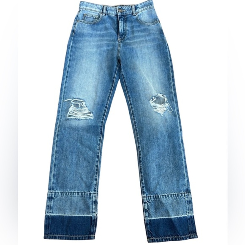 PINKO GAIA 12 Girlfriend Jeans Distressed Two Tone Hem Size 26 Premium Italian